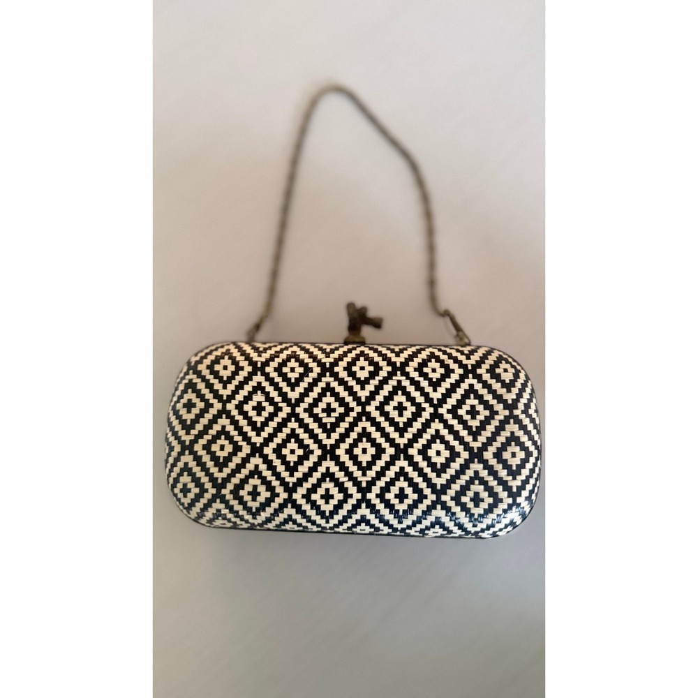 Mystique Black Ivory Woven Geometric Minaudiere Clutch Handbag Chain Strap